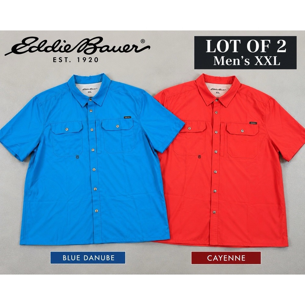 Lot of 2 Eddie Bauer Woven Tech Fishing/Outdoor Vented Button Up Shirts Size XXL